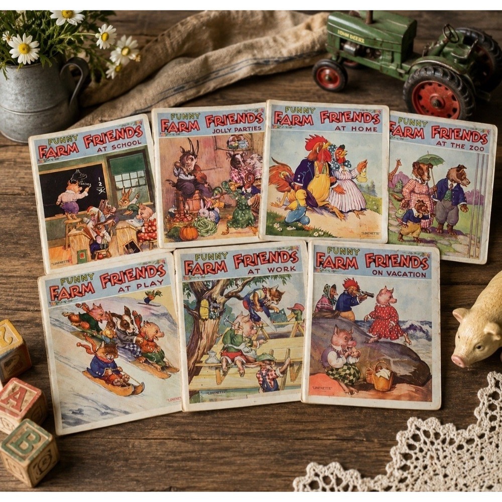 Vintage 1938 Funny Farm Friends Complete 7 Book Lot #450-456 Linenette